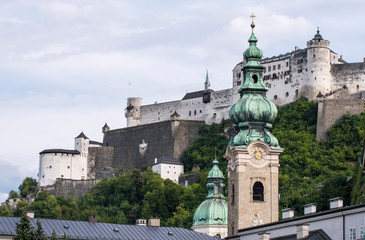 Diferents views of Salzburg skyline with Festung Hohensalzburg and Salzach river in summer,...