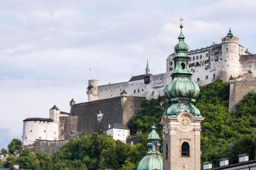 Diferents views of Salzburg skyline with Festung Hohensalzburg and Salzach river in summer,...