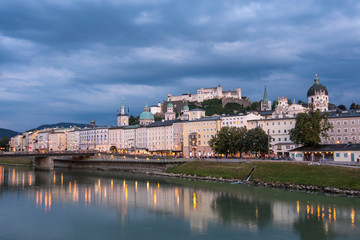 Fototapeta premium Diferents views of Salzburg skyline with Festung Hohensalzburg and Salzach river in summer, Salzburg, Salzburger Land, Austria