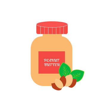 Peanut butter jar with bright kernels and leaves in flat style