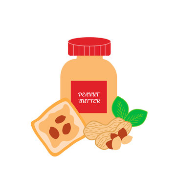 Peanut butter jar composition with tasty toast and nutshells in flat style