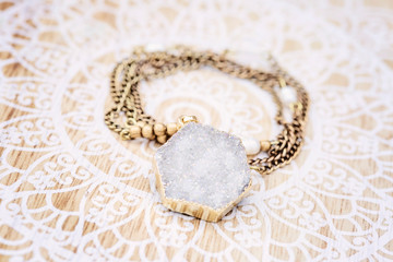 Mineral stone druzy hexagon pendant on brass chain necklace