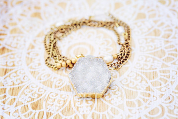 Mineral stone druzy hexagon pendant on brass chain necklace