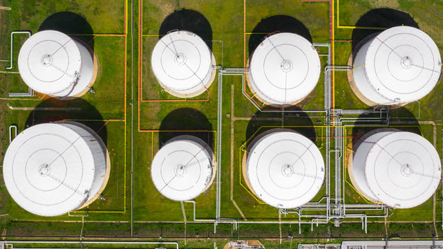Aerial view of petrochemical industry storage tank, Industrial oil and gas tanks.