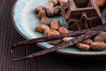 Close up choco beans, vanila stick and chocolate