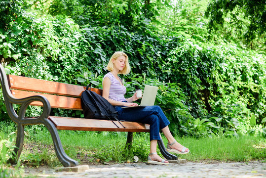 Surfing internet. Girl adorable student with laptop and coffee cup sit bench in park. Study outdoors. Woman student work with notebook. Learn study explore. Modern student life. Regular student