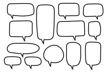 Obraz premium Vector speech bubbles set. Hand drawn speech bubbles set, doodle style, Blank empty vector speech bubbles. Cartoon balloon word design.