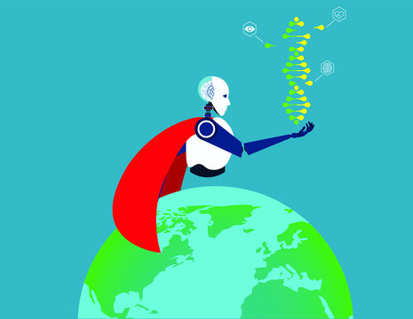  The creation of the planet earth. Future work of robots. CRISPR CAS9 - Genetic Engineering. Gene editing tool research illustration. Robot superhero. Vector