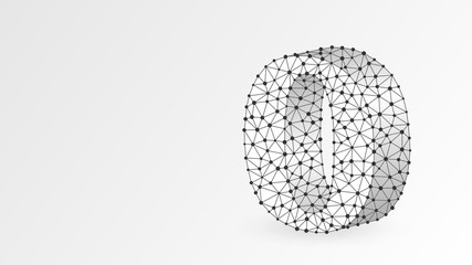 Omicron, the letter of a Greek alphabet. Greek numerals, mathematical number seventy concept. Abstract, digital, wireframe, low poly mesh, vector white origami 3d illustration. Triangle, line, dot