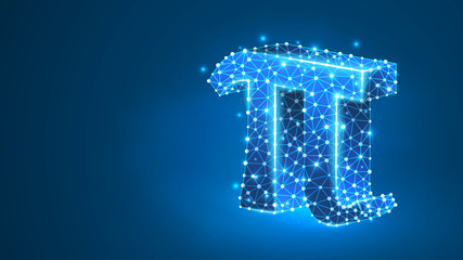 Pi, the letter of a Greek alphabet. Greek numerals, mathematical number eighty concept. Abstract, digital, wireframe, low poly mesh, vector blue neon 3d illustration. Triangle, line, dot