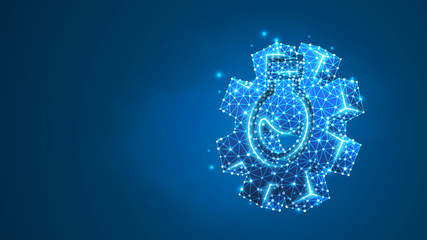 Technology lab flask with gear. Tech lab, chemical laboratory, development model concept. Abstract, digital, wireframe, low poly mesh, vector blue neon 3d illustration. Triangle, line, dot