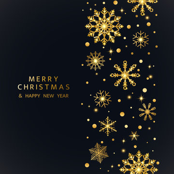 Glitter snowflakes and snow background with shining stars. Sparkling gold snowflakes with glittering texture for holiday banner, poster, invitation. Merry Christmas card. Vector ilustration