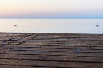 Wooden pier early in the morning. Close-up. Mediterranean Sea, Turkey.
