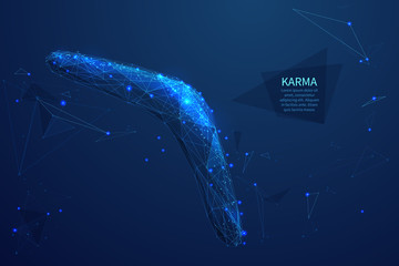 Karma low poly art illustration. 3d polygonal boomerang. Philosophy principle concept with connected dots and lines. Buddhism faith, deciding person fate vector color wireframe mesh illustration - obrazy, fototapety, plakaty