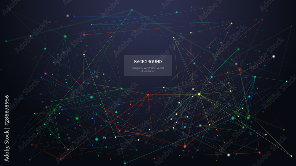 Poster Abstract low poly background. 3d polygonal multicolor graphic. Geometric shapes with connected dots and lines on dark backdrop. Connection structure vector color wireframe mesh illustration