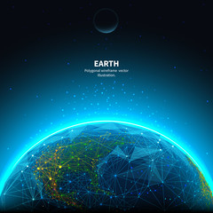 Earth low poly art illustration. 3d polygonal planet. Astronomy concept with connected dots and lines. Universe space. Cosmos exploring. Solar system body vector color wireframe mesh