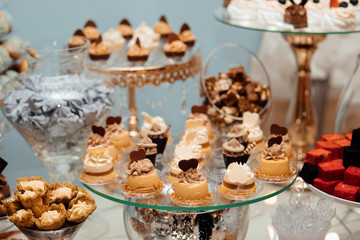 Sweet buffet for birthday party or wedding. Delicious wedding reception candy bar dessert table, cake. Delicious cupcakes with cream cheese frosting, candies and meringues.