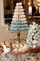 Sweet and colourful french macarons in the wedding day. Luxury wedding catering, table with modern desserts, cupcakes, sweets with fruits. Delicious candy bar at expensive wedding reception.