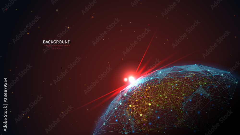 Fototapete Earth in space low poly art illustration. 3d polygonal sunrise over planet. Cosmos exploration concept with connected dots and lines on dark backdrop. Solar system body vector color wireframe mesh