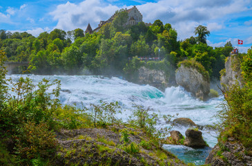At the Rhine Falls in Switzerland. - There are much bigger waterfalls, but this "small" waterfall has something fascinating for many visitors because of the castle above and the forest around it.