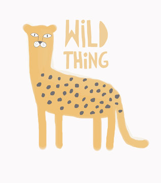 Wild Thning.Watercolor Style Vector Art with Hand Drawn Cheetah Isolated on a White Background. Cute Wild Cat Illustration Ideal for Card, Wall Art, Invitation, Poster, Label, Safari Party Decoration.