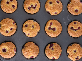 Delicious flavored cupcake with raspberries, white cream, and chocolate icing.