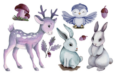 Watercolor set of cute cartoon animals, hand drawn, isolated.
