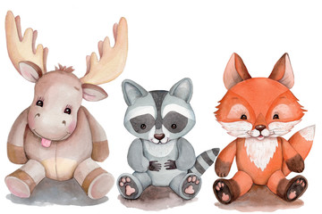 Obraz premium Watercolor illustration of cartoon wild animals fox, raccoon, deer, isolated.