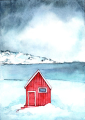 Original watercolor painting. Christmas card. Snow-covered mountains. Red house by the river