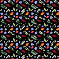 Fototapeta premium Watercolor flowers and leaves pattern. Hand painted watercolor leaves, branches and flowers