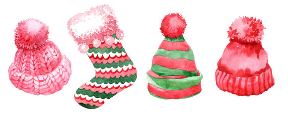 Watercolor winter hats set, isolated on white background.