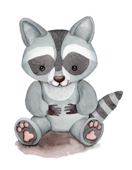 Watercolor illustration of toy raccoon.