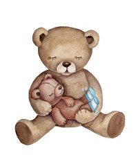 Vintage teddy bears, big and small, hand painted watercolor illustration.