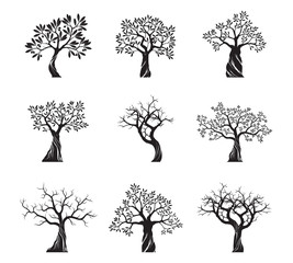 Set of black Olive Trees on white background. Vector Illustration and concept pictogram.