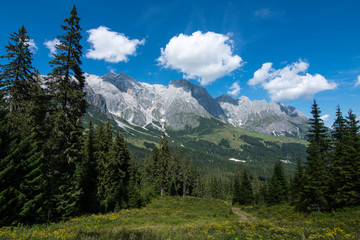 Fototapeta na wymiar Hiking in Hochkonig (Austria) between the snowy and green mountains of the Austrian Alps
