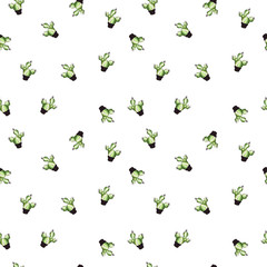 Fototapeta na wymiar Seamless cactus pattern. Repetitive hand draw objects of green, rose, yellowish and black colors.