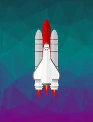 Space shuttle on the low poly background. Launching rocket in space. Exploring, space travel, creative idea,project start, business startup.Spacecraft flying in the sky. Vector illustration,flat style