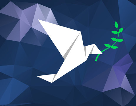White origami bird (dove) carrying olive branch on the blue low poly background. Peace concept.International Day of Peace. World peace day.Bird flying with olive leaves.Vector illustration,flat style.