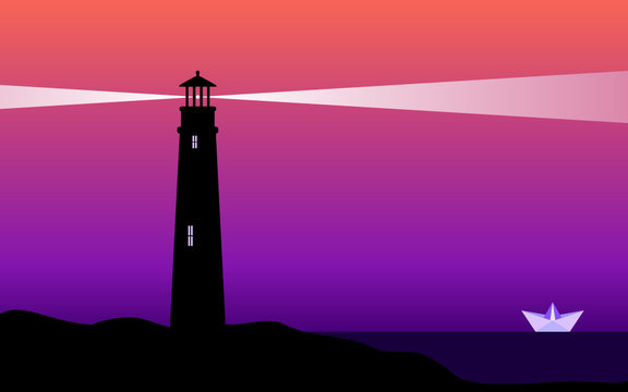 Lighthouse and a paper boat in the sunset. Illuminate the way, searchlight,daring concept.Navigation beacon building on a seashore rock in the night.Seascape wallpaper.Vector illustration,flat style. 