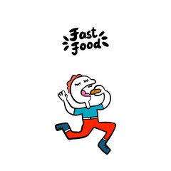 Fast food hand drawn vector illustration with cartoon man running eating