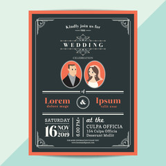 modern vintage wedding invitation card with orange color border and frame on dark navy blue background