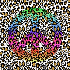 Fashionable seamless background with leopard print and hippie peace colorful symbol. Fashion design for textile, wallpaper, t-shirt, bag, poster, scrapbook