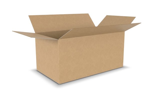 Side View of Beautiful Cardboard Box Opening and Closing on White Backgrounds with Alpha Mask Seamless. Looped 3d Animation of Storage Box. Delivery Concept. 4k Ultra HD 3840x2160.