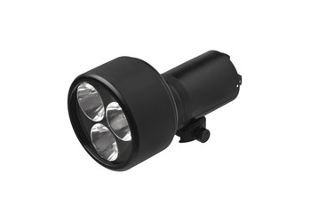modern black metal flashlight isolated on white