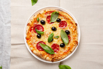 Tasty pizza with salami and cheese top view