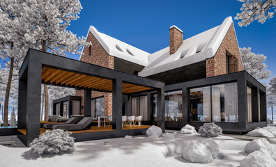 3d rendering of modern cozy clinker house on the ponds with garage and pool for sale or rent with beautiful landscaping on background. Cool winter day with shiny white snow. - obrazy, fototapety, plakaty