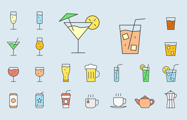 Drink Glass Icons set - Vector color symbols of cocktail and alcohol for the site or interface