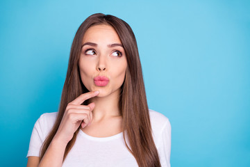 Fototapeta premium Close-up portrait of her she nice-looking attractive lovely fascinating pensive minded feminine straight-haired lady pout lips isolated over bright vivid shine blue green teal turquoise background