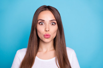 Close-up portrait of her she nice-looking attractive gorgeous lovable cheerful cheery straight-haired lady sending kiss isolated over bright vivid shine blue green teal turquoise background