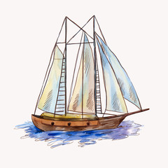 Vector watercolor sailing ship isolated on white. Seascape scene in sketch style
